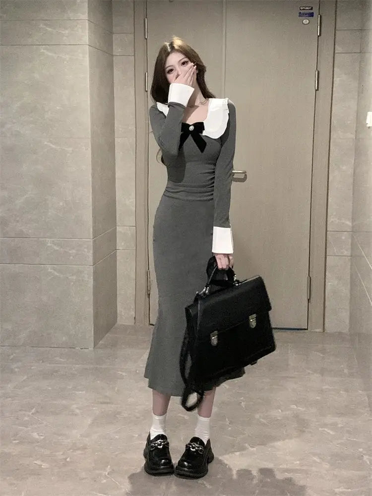 Hnewly spring 2025 fashion trend Baby Doll Collar Long Sleeve Women High-end Slimming Fishtail Long Dress
