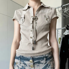 Lunivop  Safari Style Vintage Turn Down Collar Short Sleev Women Shirts Y2k Cross Lace Up Design Harajuku Knitted Clothes Street Punk Top