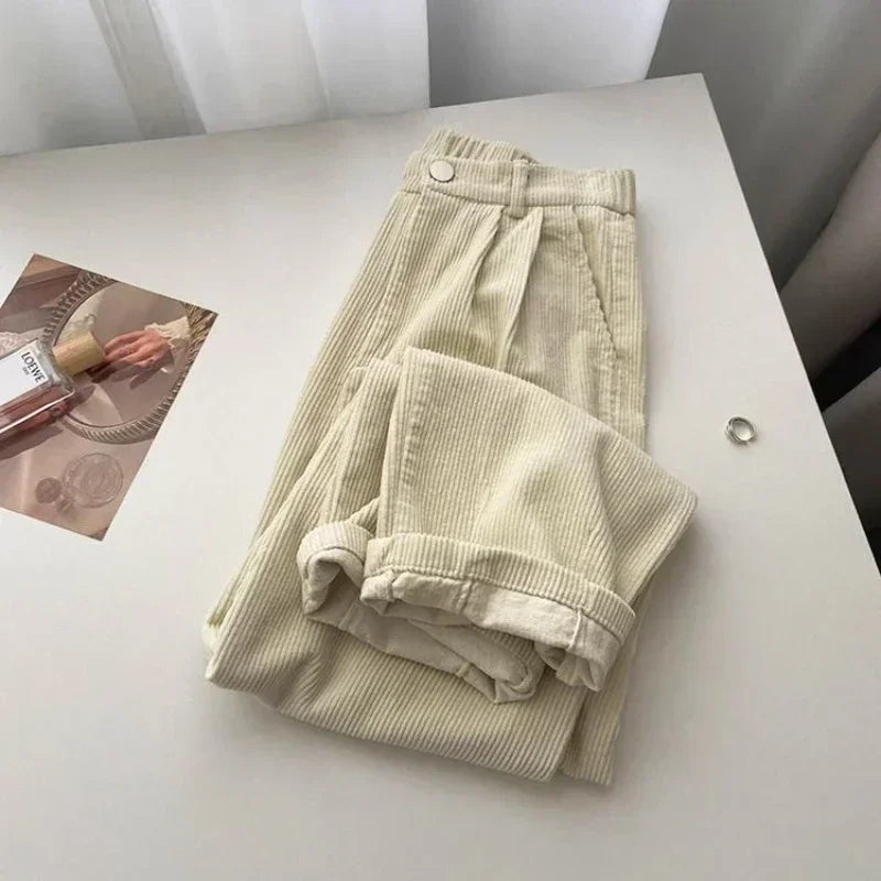 Hnewly Retro High Waist Corduroy Pants Women Spring Fall Straight Causal Full Length Trousers Korean Fashion Baggy All Match Black Pant