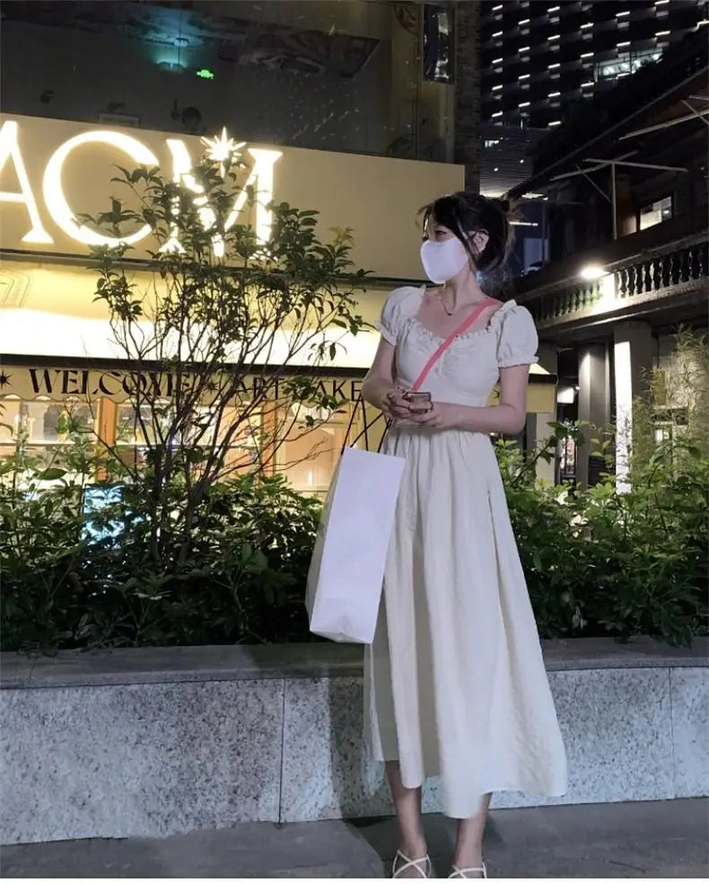 Hnewly  Woman Dress Puff Short Sleeve Square Collar Ruffles Patchwork Sweet Elegant Fashion Princess Female Casual Dresses