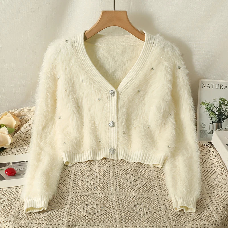 Hnewly  Heart Button Plush Soft Sweater Coat Autumn/Winter New Women's Fashion Shiny Diamond V-Neck Short Knitted Cardigan Top
