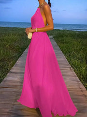 Hnewly  Womens Yellow Sleeveless Halter Backless Elegant Long Dress For Beach Summer