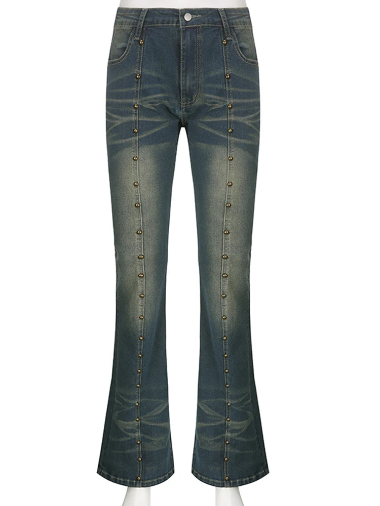 Hnewly Vintage Low Waist Flare Jeans Women Y2K Chic Rivet Slim Pencil Jean Pants Streetwear Fashion Retro Denim Trouser Korean