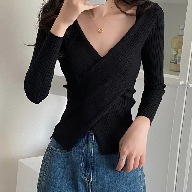 Hnewly Autumn Winter Knitwear Tops Fashion Female Long Sleeve Skinny Elastic Casual V-neck Knitted Shirts Women Pullover Sweaters