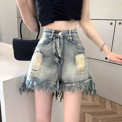 Hnewly  Korean Blue Ripped Denim Shorts Women Fashion Summer Tassel Straight Hot Shorts Woman A-Line All Match Short Jeans Female