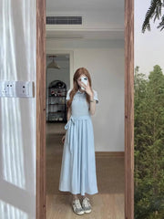 Hnewly  Blue  Collar Short Sleeve Midi Dress Women's A-Line Waist-Cinching Summer Soft Style Knot Front Casual Dress