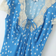 Hnewly  Women Retro French Style Blue Polka Dot Spliced Lace Bow V neck Short Sleeve Dress Summer Maxi Long Dresses Robe Femme Vestidos