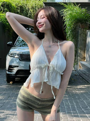 Hnewly   Sweet Ruffles Lace-Up Camisole Halter v-Neck Fungus Edge Splits Backless Sleeveless Summer Trend Versatile Mini Tops