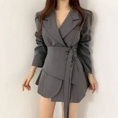 Hnewly Premium Spring Double Belt Black Suit Coat Women Thin Irregular Fake Two Piece Waist Slimming A-line Short Suit Dress for Women
