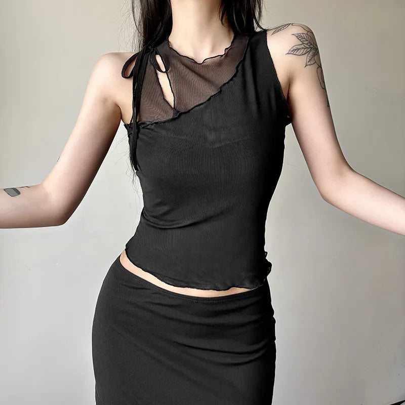 Hnewly Summer Tanks Tops Women O-neck Slim New Stylish Sexy Sleeveless Solid Color Spliced Navel-Exposed Tee Woman Clothing