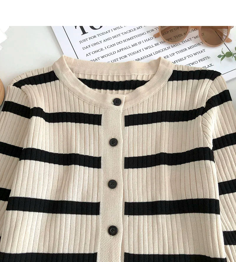 Hnewly  Women's Striped Knitting Cardigan Single Breasted Long Sleeved Sweater+Spaghetti Straps Vest Spring Autumn Korean Top 2pcs