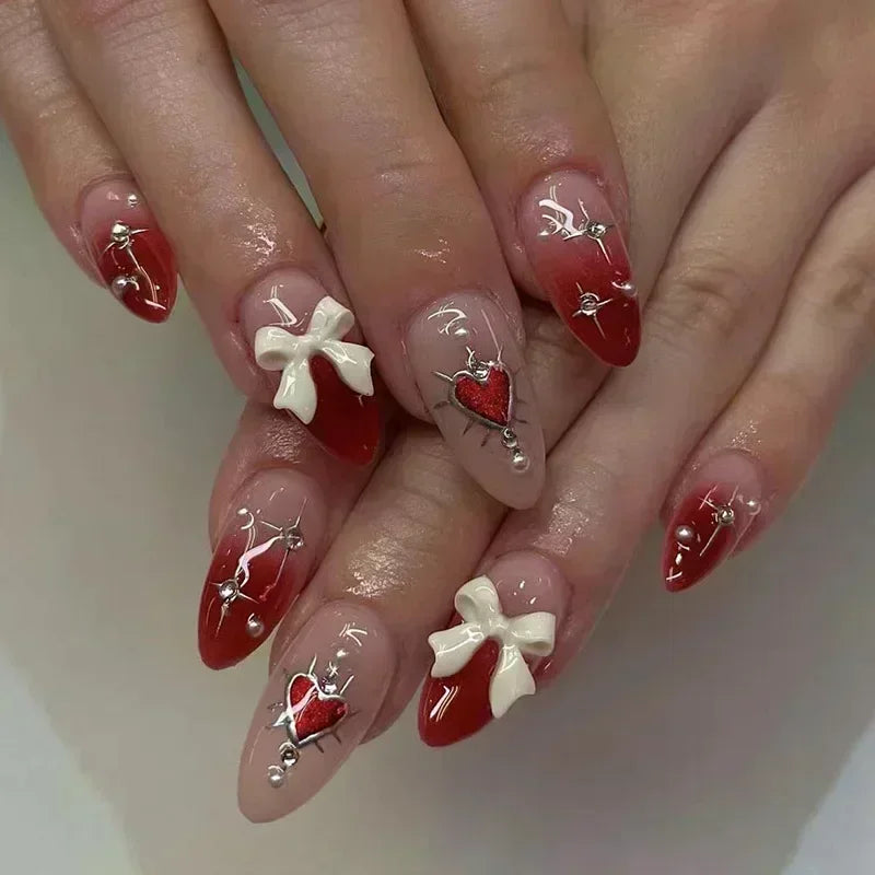 Hnewly 24Pcs Pink Almond False Nails Butterfly Ballet with French Design Wearable Fake Nails Simple Artificial Press on Nails Tips Art