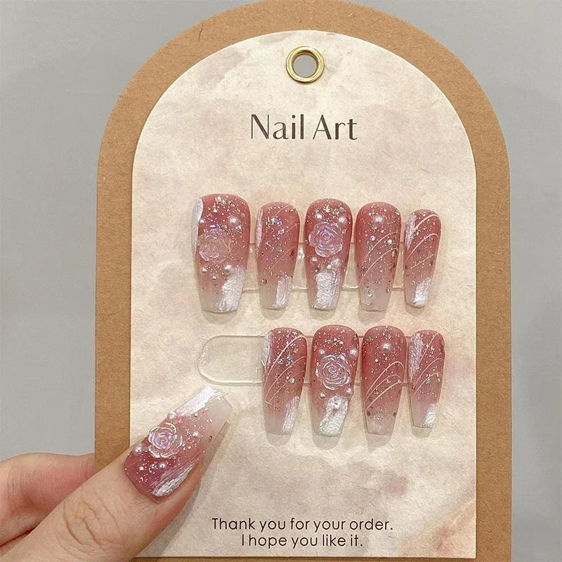 Hnewly 10Pcs Handmade Press on Nails Long Ballet Blue Fake Nails with 3D Ocean Moon Rhinestone Design False Nails Full Cover Nail Tips