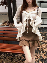 Hnewly American Retro Slim Fit Camisole Dress for Women+ Ruffles Long Sleeve Knitted Cardigan 2024 Autumn New Two Piece Sets