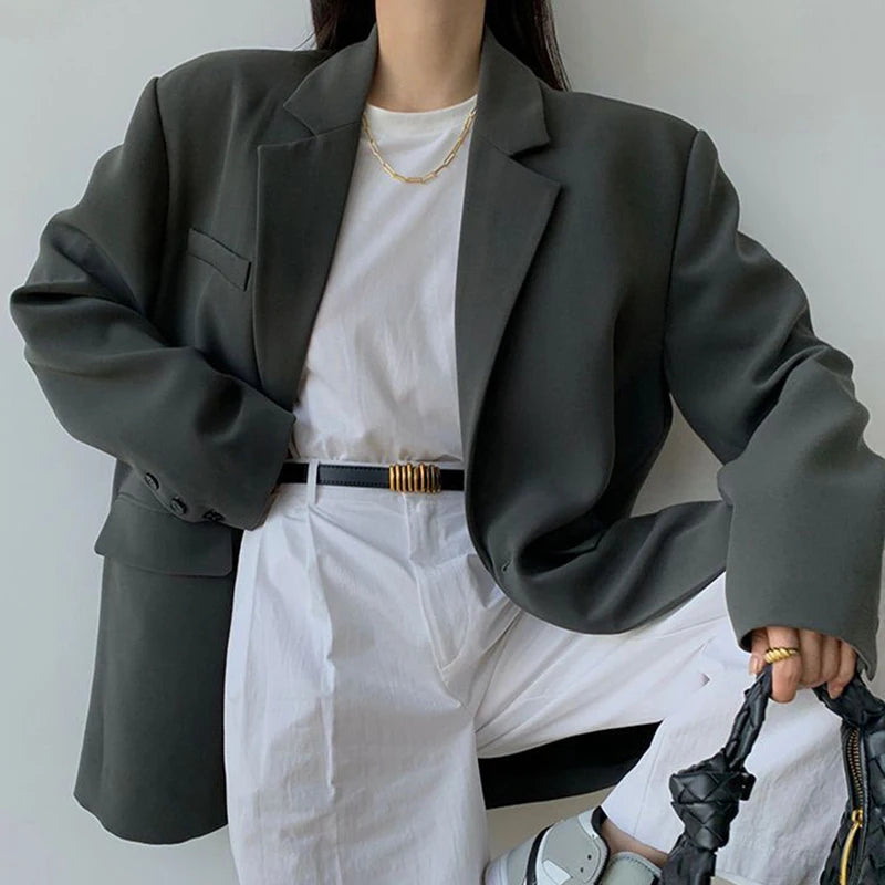 Hnewly Black Suit Jacket Women Loose Straight Long Sleeve Spring Fall  Fashion Outwear Basic Simple Korean Office Lady High Street Coat