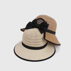 Hnewly  Fashion Breathable Straw Hat Bow-tied Ponytail Hole Sun Hat Solid Color Wide Brim Summer Hat Women