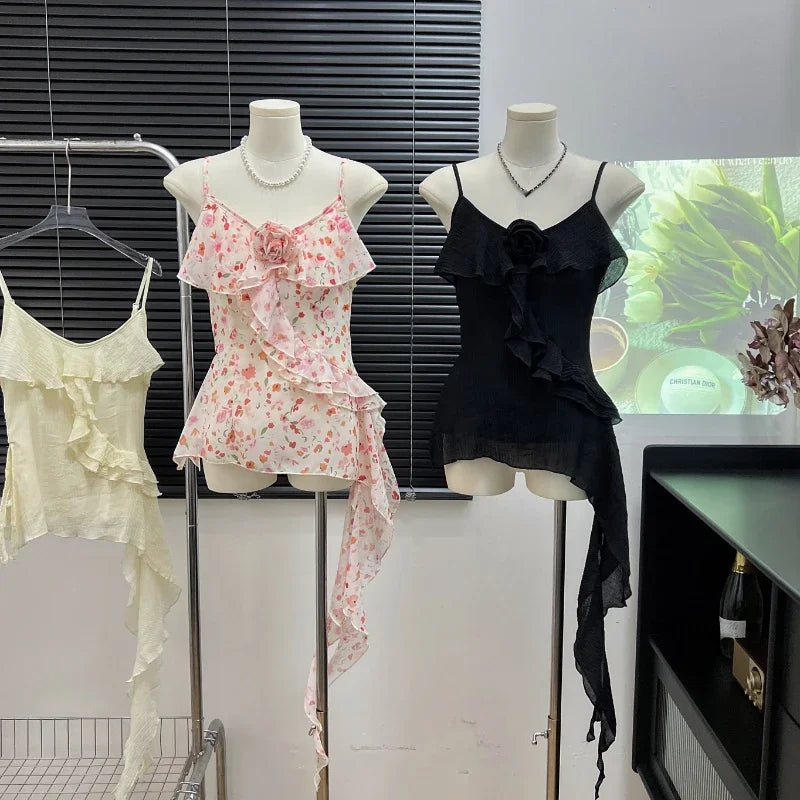 Hnewly Summer Chiffon Floral Blouse Women Casual Y2k Crop Tops Beach Style Korean Fashion Clothing Chic Tank Tops Vest Female Shirts