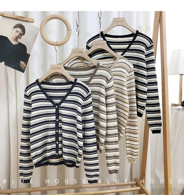 Hnewly  Women's Retro Striped Sweater Korean V-neck Contrasting Spring Autumn Long Sleeved Knitted Cardigan Coat  All-Matchded Loose Top