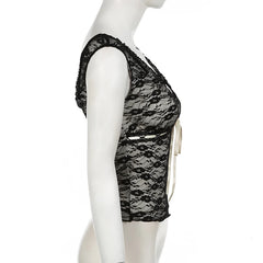 Hnewly Streetwear Fashion Sexy Blac Lace T shirt Female Tie-Up Bow Skinny Crop Top Hot Sale Y2K 2000s Aesthetic Tee Outfits