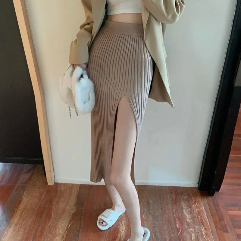 Hnewly skirt outfits winter Sexy Split Bodycon Long Skirt Women Elegant Slim Fit High-Waisted Knitted Skirts Woman Autumn Winter Package Hip Midi Skirt