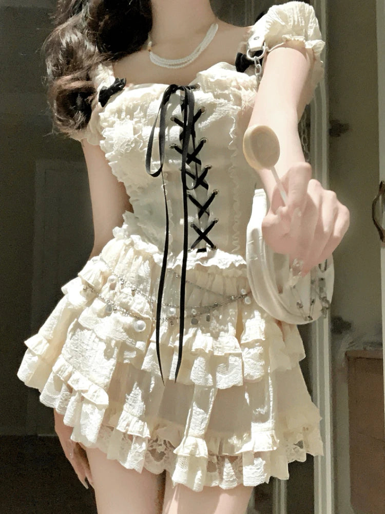 Hnewly Elegant Sweet 2 Piece Skirt Sets Female Lace Pleated Y2k Crop Top + Cute Mini Cake Skirts Japanese Lolita Vintage Suits Summer