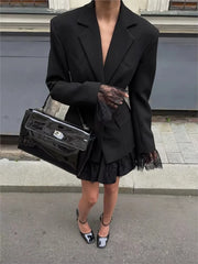 Hnewly  Elegant Lace Blazer Coat Women Fashion Office Lady Full Sleeve Single Breasted Jackets New Autumn Black Casual Slim Coats