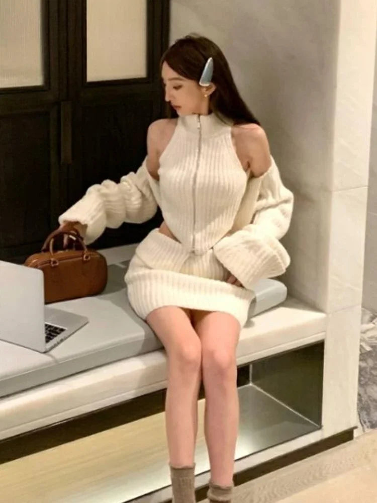 Hnewly Elegant Knitted Clothing 3 Piece Set Casual Short Cardigan + Slim Vest + Sexy Y2k Mini Skirt Korean Fashion Suit  Winter