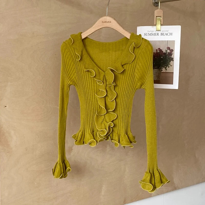 Hnewly  Women's Ruffled Sweater Long Sleeve Slim Fit Rib Knit Top Pullover Jumper Ladies Knitwear Autumn Winter Fairycore Outfit