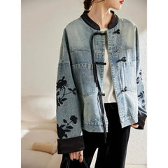 Hnewly  New Chinese Style Stand Collar Denim Jackets Spring  Embroidery Coat Women Y2k E-Girl Long Sleeve Loose Tops Mujer
