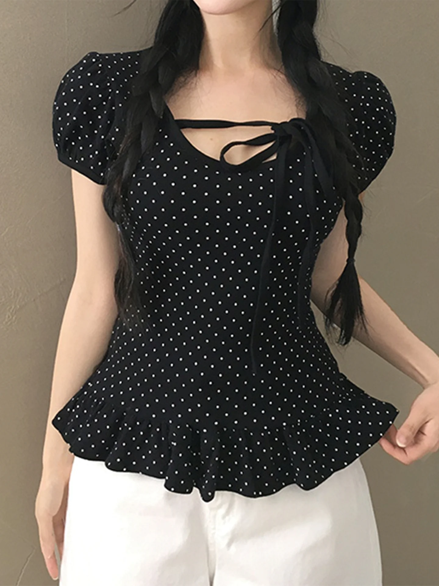 Hnewly Fashion Chic Cute Sweet Women Causal T-Shirts Short Sleeves Ruffly Polka Dot Prints Edible Tree Fungus Blouses