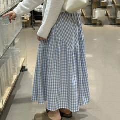 Hnewly  Korean Checkered A Line Skirt Women High Waisted Patchwork Tiered Skirt Woman All Match Loose Pleated Midi Skirts Feamle