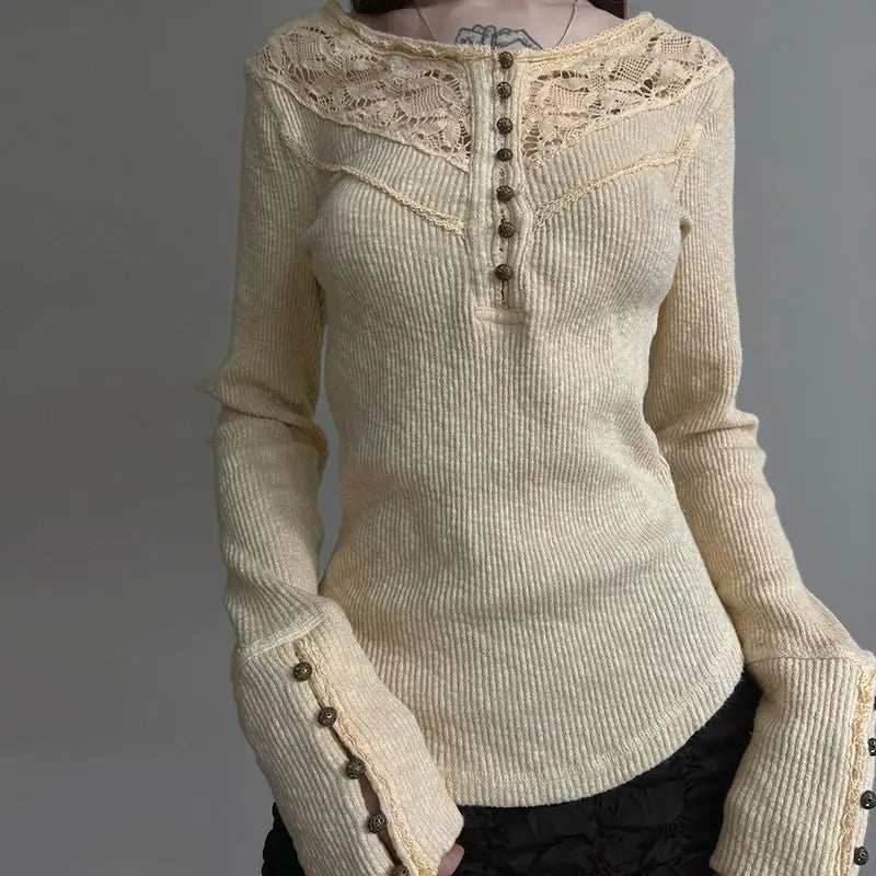 Hnewly  Elegant Vintage Lace Patchwork O-neck T-shirts Y2k Slim Fit All-match Top for Women 2025 Spring New Long Sleeve Tee Shirt