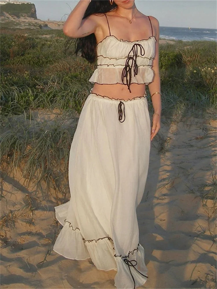 Hnewly Elegant Summer 2 Piece Set Y2K Aesthetic Lace One Line Neck Pleated Suspended Tank Top and Loose Beach Long Skirt Suit