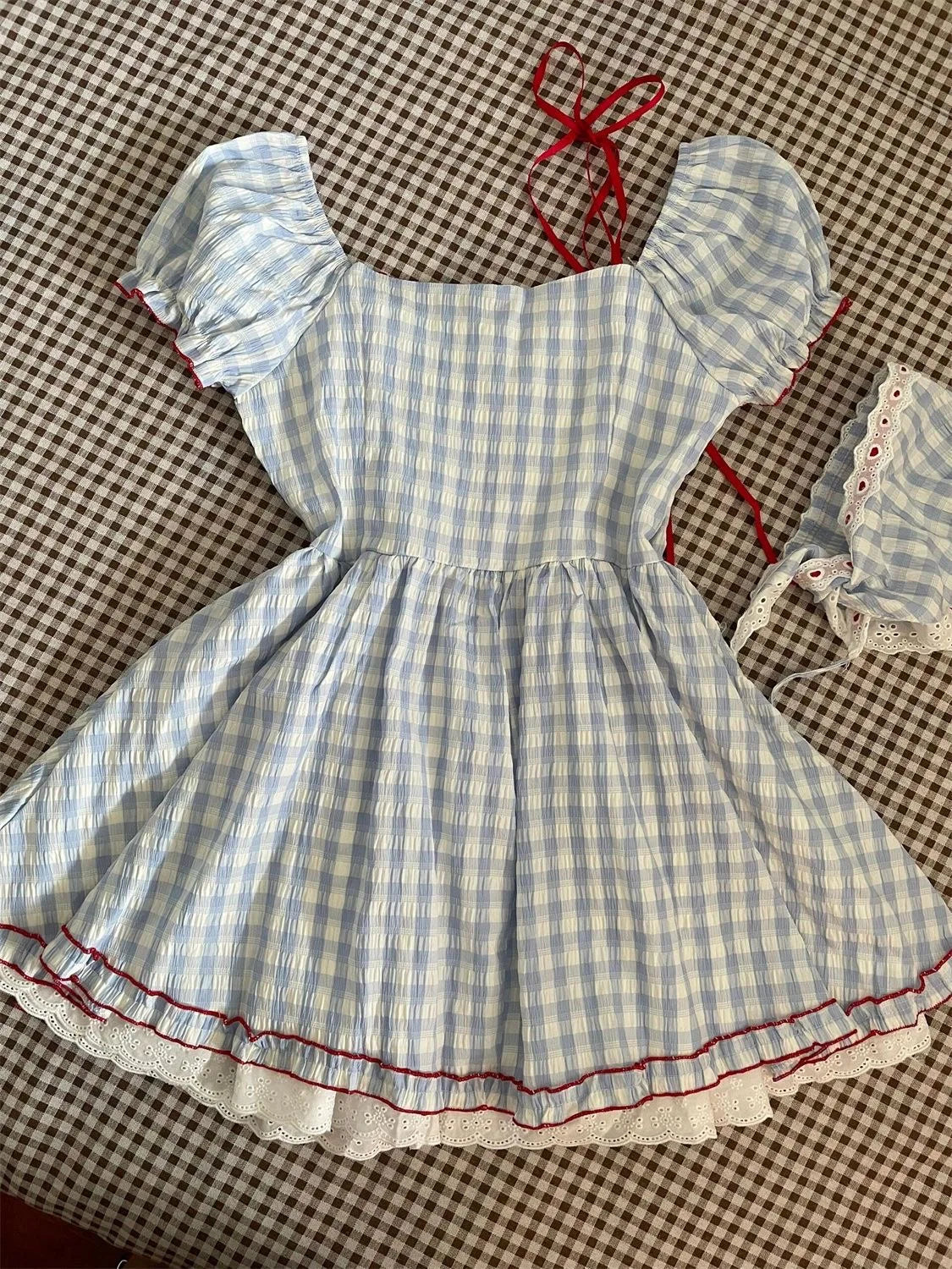 Hnewly Japanese Kawaii Sweet Short Party Dress Women Sleeve Y2k Vintage Plaid Mini Dress Female Elegant Chic Lolita Clothing Outfits
