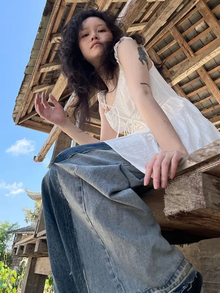 Hnewly summer inspo Japanese Cute Bandage Ruffles Dress Women Y2k Aesthetic Sweet Fairy Dresses Summer Sleeveless Elegant Grunge Vestido De Mujer