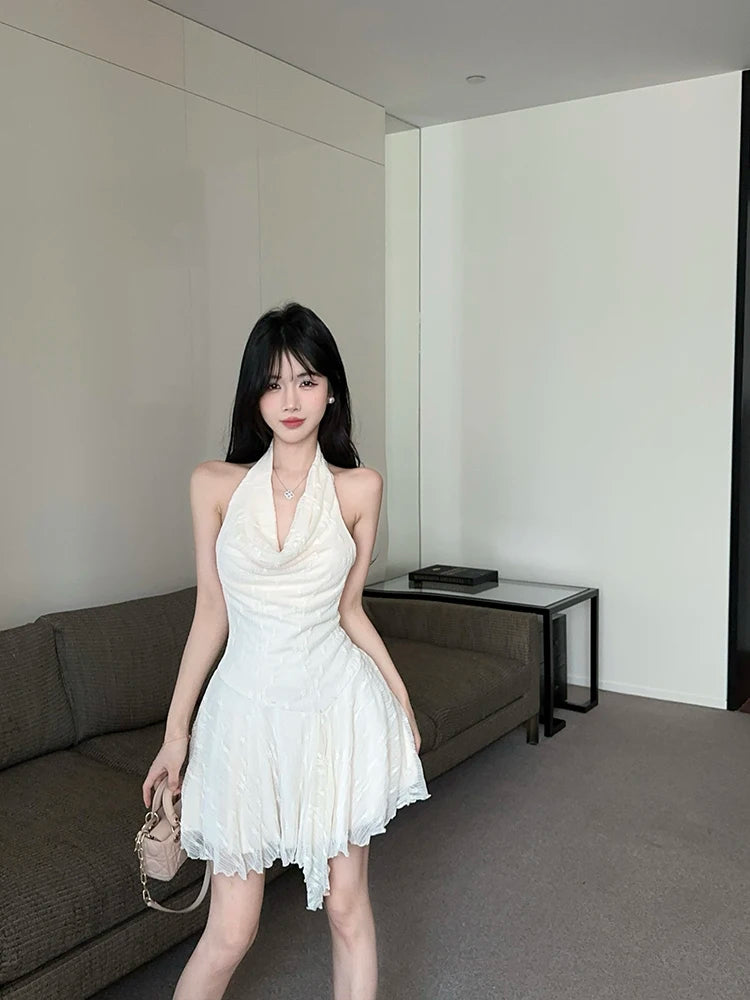 Hnewly  Woman Dress Sleeveless Halter Swinging Collar Backless Sweet Slim Sexy Elegant Party Mini Dresses Female Clubwear