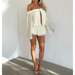 Hnewly  Women Summer Off Shoulder Chiffon Romper Long Sleeve Keyhole Front Lace Trim Flowy Y2k Short Jumpsuit Vacation Outfit