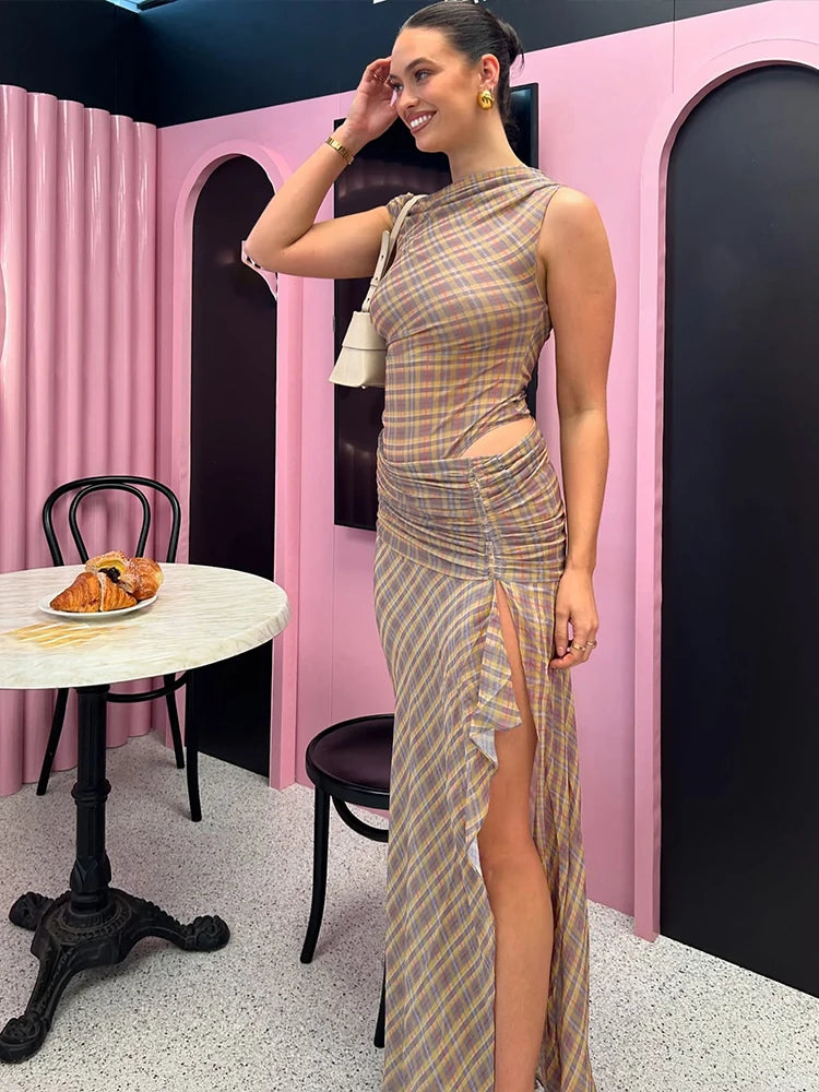 Hnewly Split Summer Dress Women See Through Y2K Plaid Print Inclined Shoulde Waistless Split Irregular Ruched Maxi Bodycon
