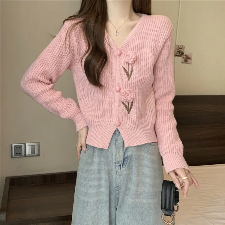 Hnewly  Flower Applique Knit Cardigan Autumn Winter Women Cardigan Sweater Coats Long Sleeve Crop Knitted Jackets Cute Outfit