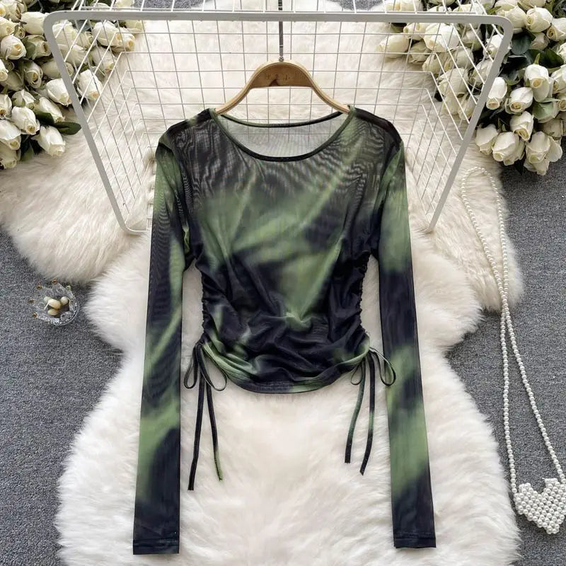 Hnewly Sexy Harajuku Tie Dye Drawstring Mesh Sheer Tops Long Sleeve Thin T Shirt Printed Slim Tops Summer Casual T Shirt Blouses Women