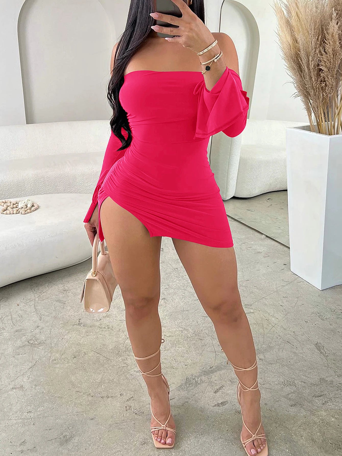 Hnewly Women Strapless Backless  Mini Dress For Women Black Off-shoulder Long Sleeve Bodycon Club Party Dress Clothes