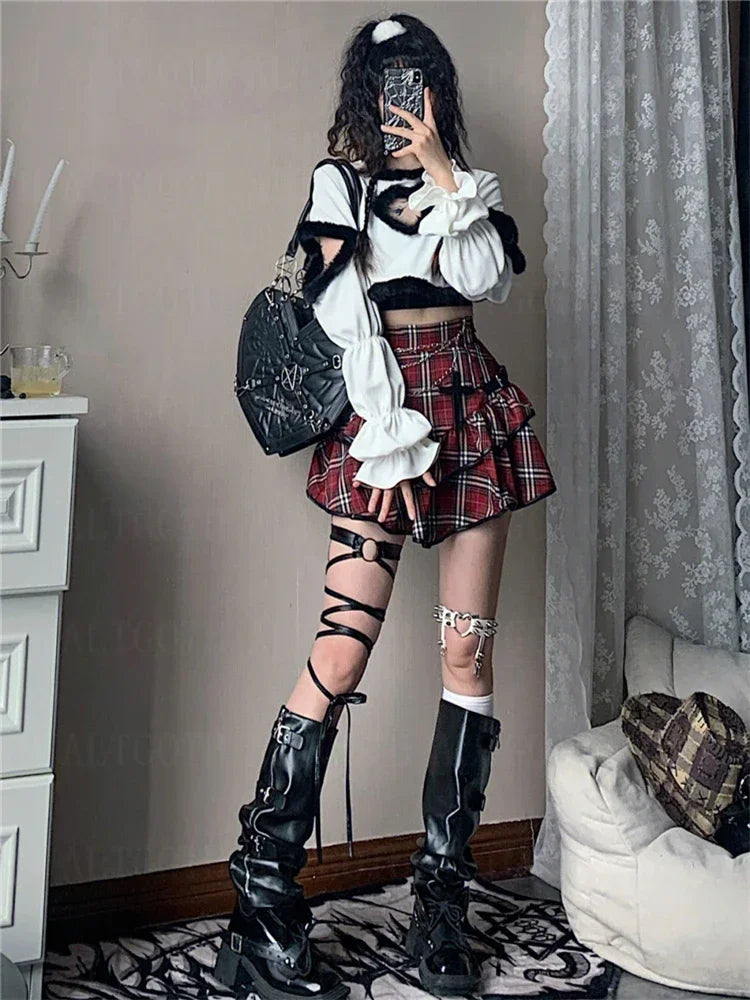 Hnewly Fashion Streetwear Gothic Y2k Red Plaid Skirt Women Harajuku Emo E-girl High Waist Cake Skirt Fairycore Grunge Clubwear