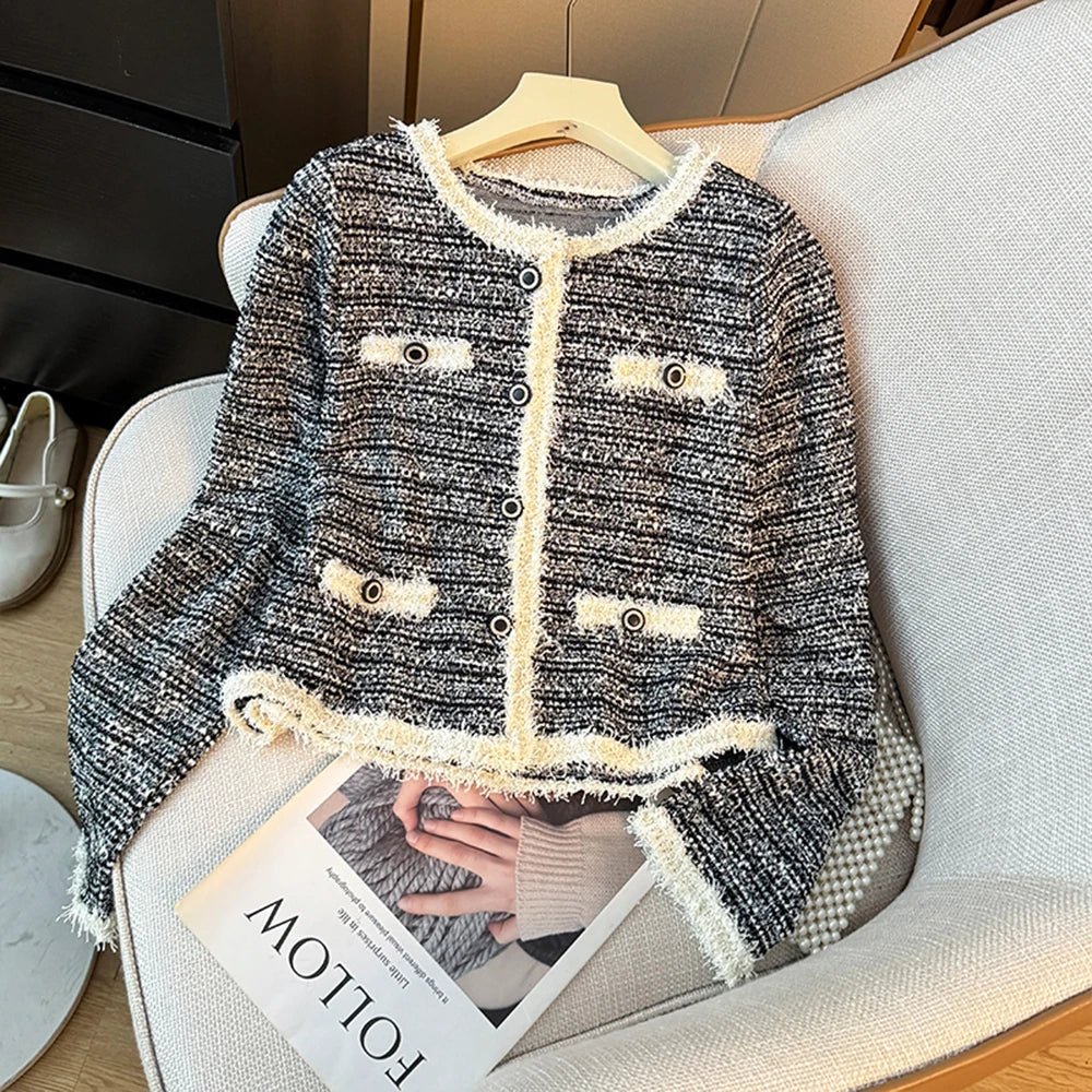 Hnewly  Fashion Sweet Tweed Jacket Women 2025 Autumn New Luxury Single-breasted Short Coats O-Neck Long Sleeve Elegant Female Outwear