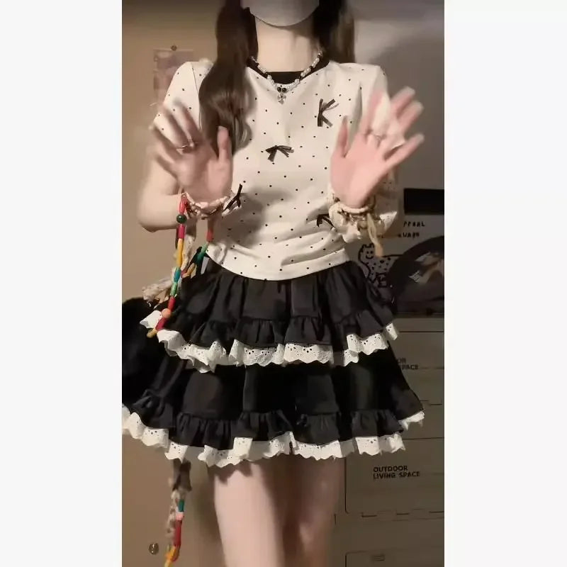 Hnewly Ballet Style Lace Cake Puffy Black Skirt for Women New Summer High Waist Loose Casual Lolita Sweet Girl  A-line Short Skirt