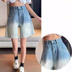 Hnewly  Korean Fashion Gradient Denim Shorts Women Summer Wide Leg Knee Length Jeans Woman Streetwear Pocket High Waist Shorts Female