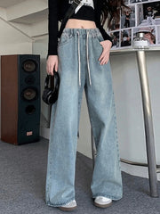 Hnewly  Elastic Waist High Waist Wide Leg Jeans for Women Loose Straight Blue Long Denim Pants Female Fashion Streetwear Jeans