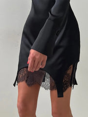 Hnewly  Satin Lace Patchwork Dresses For Women Fashion Sexy Streetwear Solid Long Sleeves Sheath Turtle Neck Mini Vestidos Robes Female