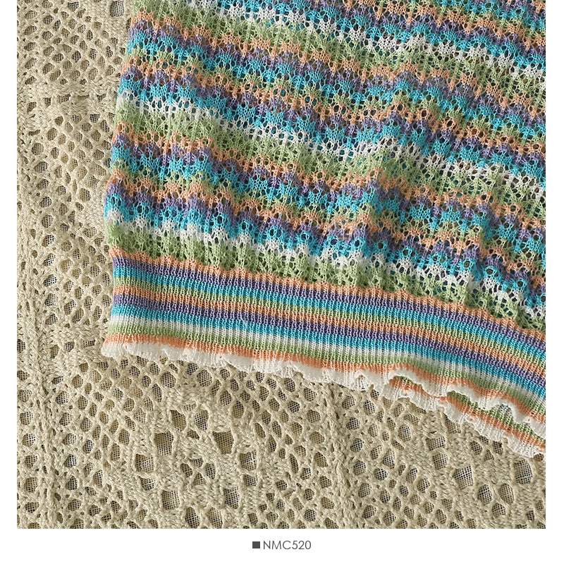 Hnewly Colorful Striped Knitted T Shirt For Women Spring Summer Hollow Out Sexy Streetwear Tops Korean O-Neck Short Pullover Blouses
