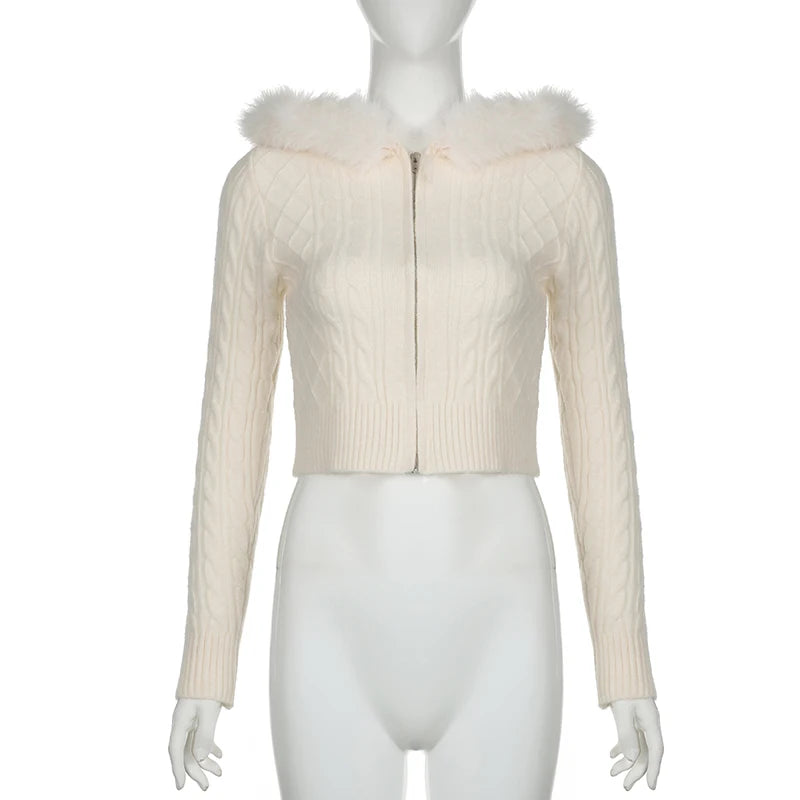 Hnewly trashy outfits Beige Furry Trim Hooded Cropped Sweater Cardigan Women Long Sleeve Zipper Outerwear Autumn Winter Coat Coquette Korean