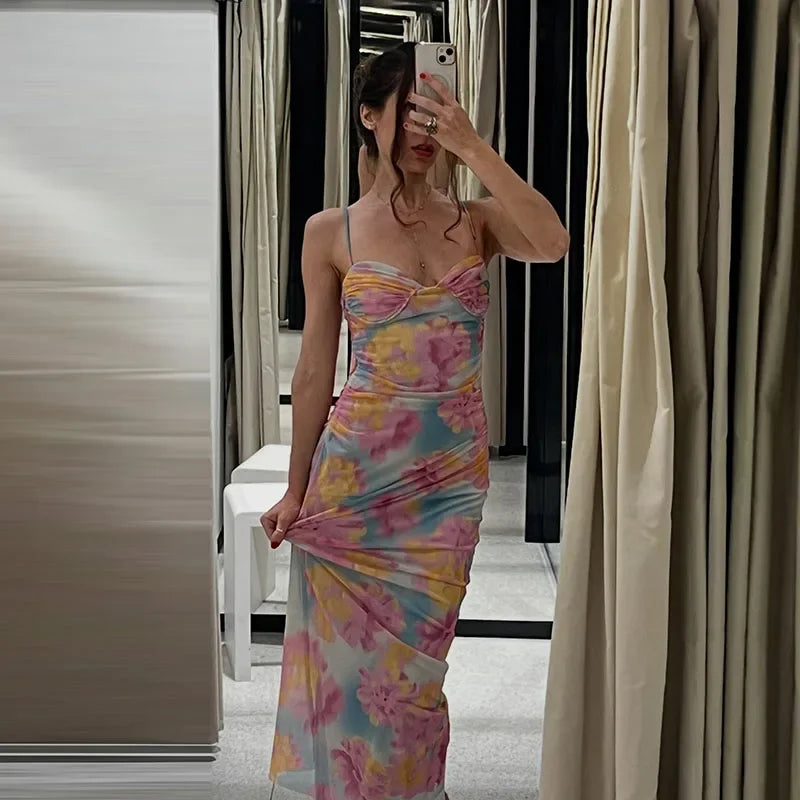 Hnewly  Sexy Printed Women's Dress Pleated Waist-Closed Sleeveless Hip Package Skinny Slip Dresses Summer Chic Female Party Robe